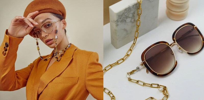 左：FOR ART&rsquo;S SAKE 14K金眼鏡鏈 建議售價$4280元/右：MILKY WAY墨鏡建議售價$7880元