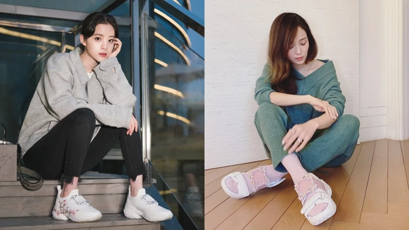 為呼應潮流,近年方釦推出運動鞋、涼鞋,也受到女星們的青睞。(左起)歐陽娜娜、侯佩岑都穿過。 為呼應潮流,近年方釦推出運動鞋、涼鞋,也受到女星們的青睞。(左起)歐陽娜娜、侯佩岑都穿過。