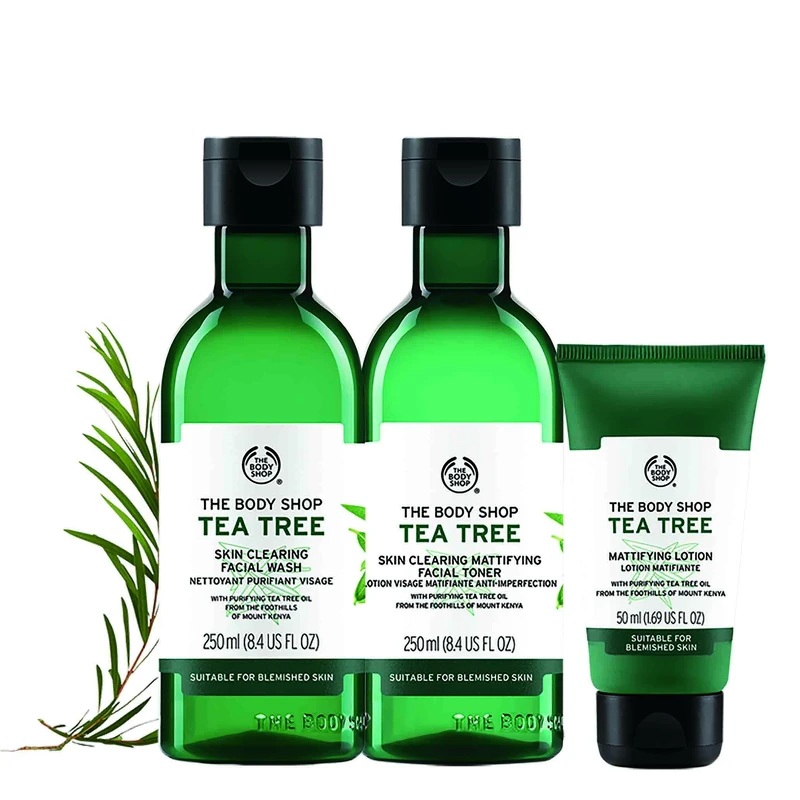 THE BODY SHOP天然茶樹淨膚調理組內含:茶樹淨膚深層潔面膠250ml、茶樹淨膚調理水250ml、茶樹淨膚保濕膠50ml THE BODY SHOP天然茶樹淨膚調理組內含:茶樹淨膚深層潔面膠250ml、茶樹淨膚調理水250ml、茶樹淨膚保濕膠50ml