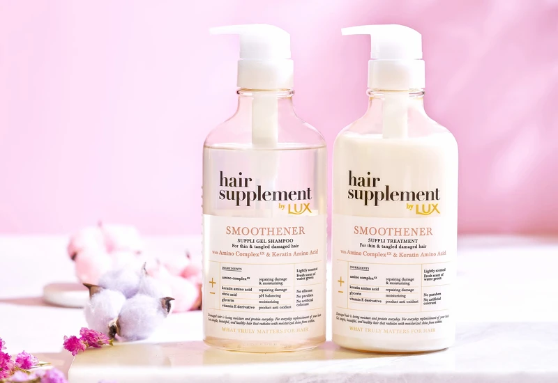 LUX髮の補給機能飲*角蛋白胺基酸洗護，特別適合細軟扁塌髮，讓秀髮豐盈不扁塌。