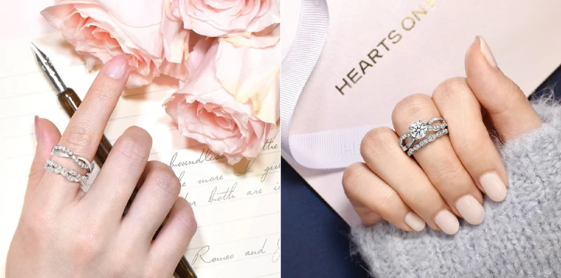 Lorelei Floral 鑽石戒指、Lorelei Twist 鑽戒、Lorelei鉑金鑽石線戒，all by Hearts On Fire