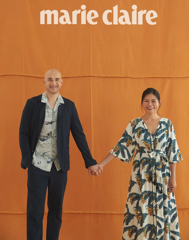 吳鳳：靛藍色西裝外套、西裝長褲，both by Agnes b.；印花襯衫，AllSaints；皮革球鞋，H&M。 Rynne：印花洋裝，Desmond & Dempsey X H&M；白色涼鞋，H&M。