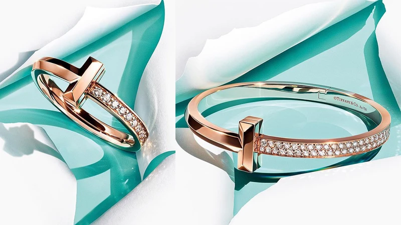 Tiffany T1 18K玫瑰金窄版鑲鑽戒指、18K玫瑰金寬版鋪鑲鑽石手環