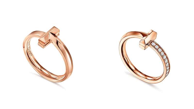 Tiffany T1 18K玫瑰金窄版戒指、18K玫瑰金窄版鑲鑽戒指。