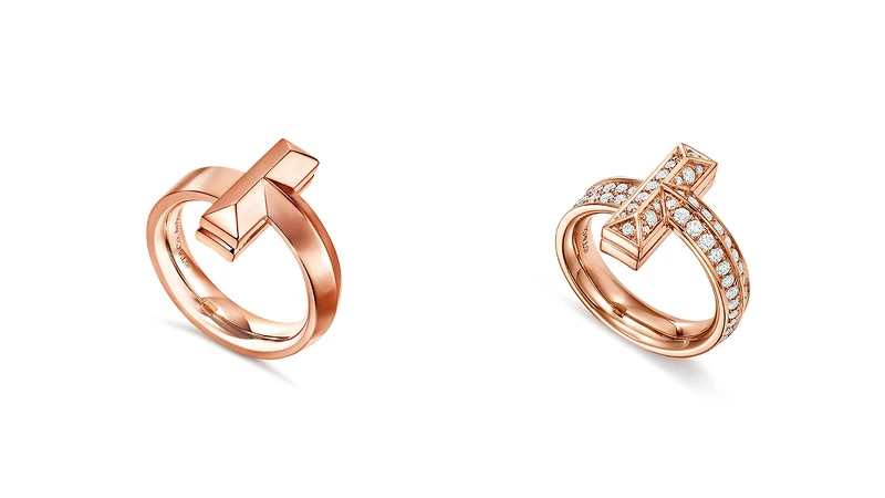 Tiffany T1 18K玫瑰金寬版戒指、18K玫瑰金寬版鋪鑲鑽石戒指。