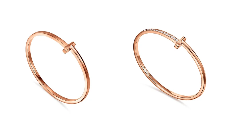 Tiffany T1 18K玫瑰金窄版手環、18K玫瑰金窄版鑲鑽手環。