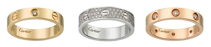 LOVE黃K金鑽石婚戒(1顆鑽石)、LOVE婚戒白K金鋪鑲鑽石婚戒、LOVE玫瑰金鑽石婚戒(8顆鑽石)。 LOVE黃K金鑽石婚戒(1顆鑽石)、LOVE婚戒白K金鋪鑲鑽石婚戒、LOVE玫瑰金鑽石婚戒(8顆鑽石)。