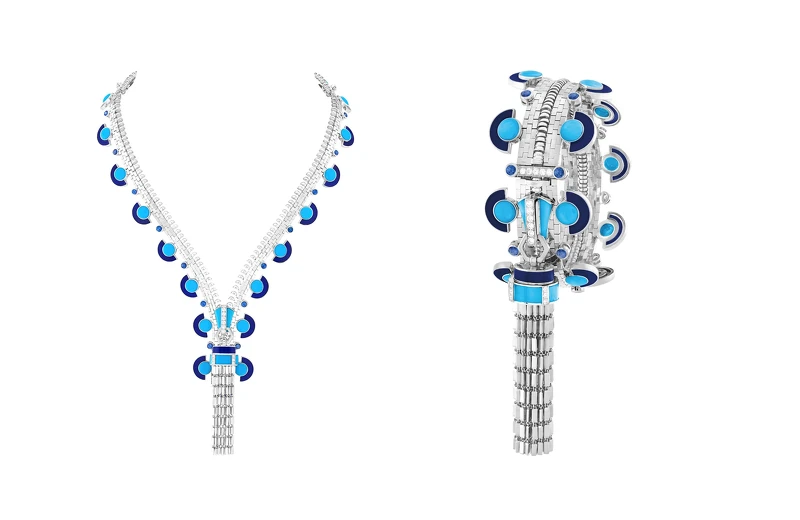 可轉換為手鍊的Zip Antique Disco白K金項鍊,鑲嵌藍寶石、青金石、綠松石與鑽石。 可轉換為手鍊的Zip Antique Disco白K金項鍊,鑲嵌藍寶石、青金石、綠松石與鑽石。