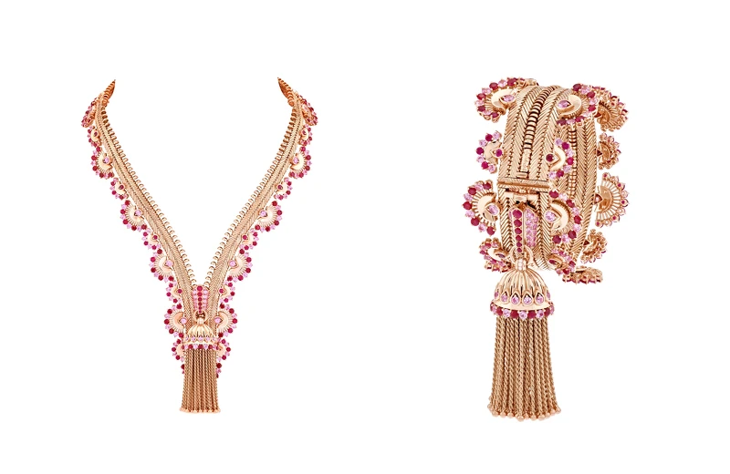 可轉換為手鍊的Zip Antique Rayon玫瑰金項鍊,鑲嵌粉紅色藍寶石、紅寶石、鑽石。 可轉換為手鍊的Zip Antique Rayon玫瑰金項鍊,鑲嵌粉紅色藍寶石、紅寶石、鑽石。