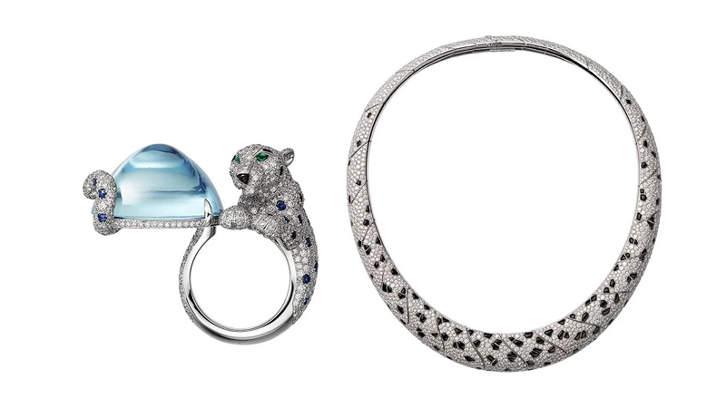 Cartier 美洲豹海水藍寶戒指(左)、美洲豹項鍊(右)