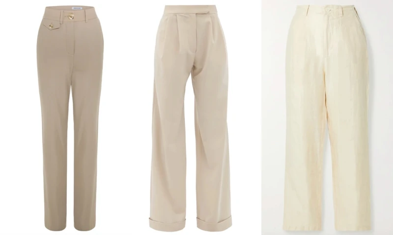 左:Anna Quan米色長褲 NT$13,000;中:16Arlington Sakura米色寬褲NT$20,000;右:Alex Mill米色寬褲 NT$7,300