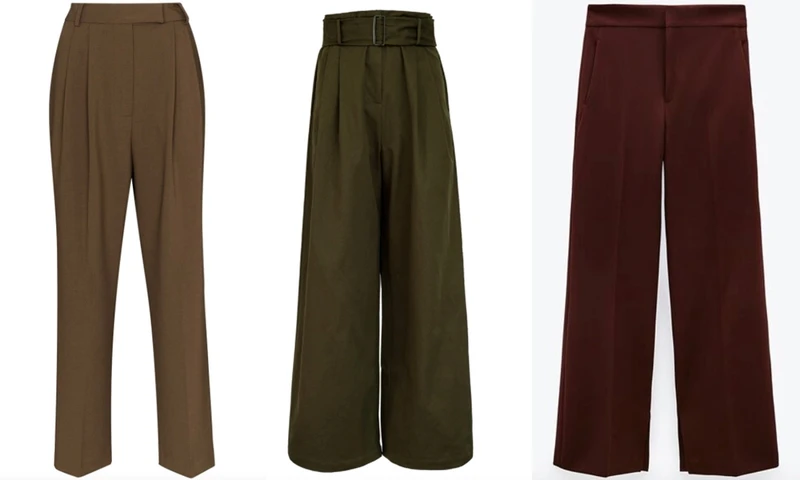 左:Frankie Shop棕色長褲 NT$11,000;中:Shaina橄欖綠長褲NT$9,800;右:Zara酒紅色寬褲 NT$2,900