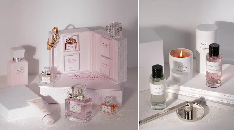 圖左：Miss Dior旅行精選組（Miss Dior淡香水5ml、Miss Dior香氛5ml、Miss Dior花漾迪奧精萃香氛5ml、Miss Dior花漾迪奧淡香水5ml）、花漾迪奧香氛潤膚組（花漾迪奧淡香水50ml、花漾迪奧芬芳身體乳75ml、Miss Dior玫瑰護手霜20ml） 圖右：迪奧香氛世家LA COLLE NOIRE柯勒諾瓦香氛40ml、LUCKY幸運時刻香氛40ml、JARDIN D'ORANGERS橙之花園香氛蠟燭250g、隔熱蠟燭座、防煙滅燭罩