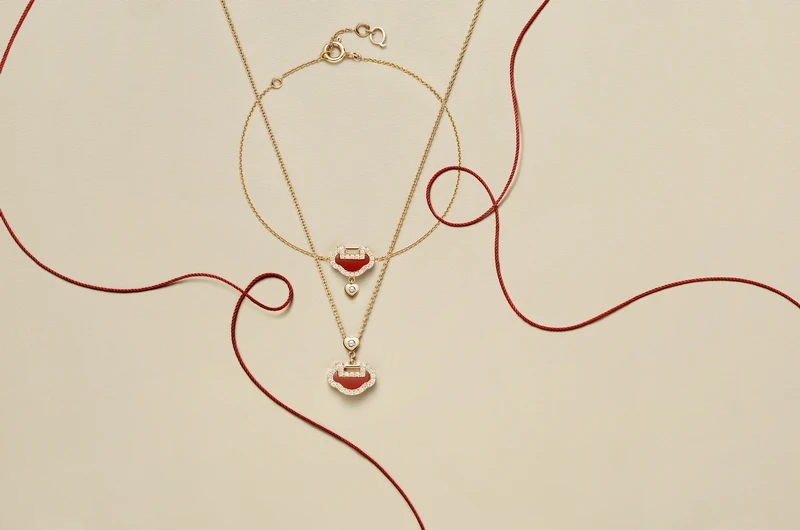 QEELIN Yu Yi七夕系列玫瑰金鑲鑽紅瑪瑙手鍊與項鍊