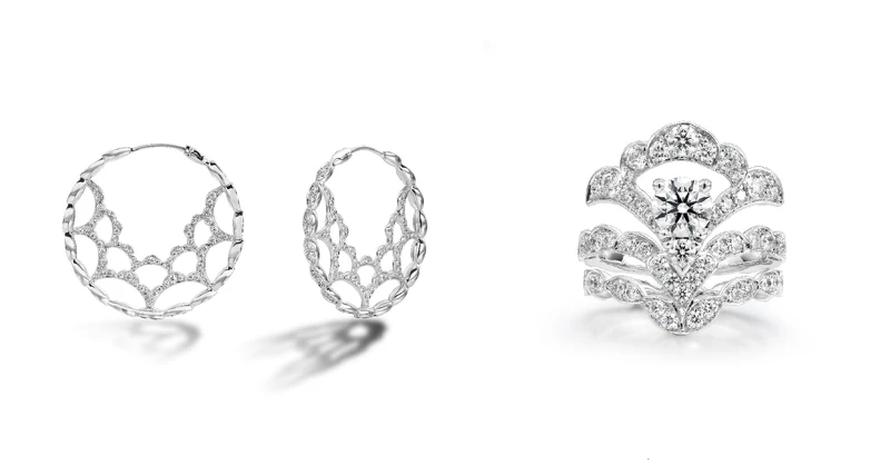 ORELEI REVERIE系列白K金鑽石環狀耳環、白K金鑽石戒指
