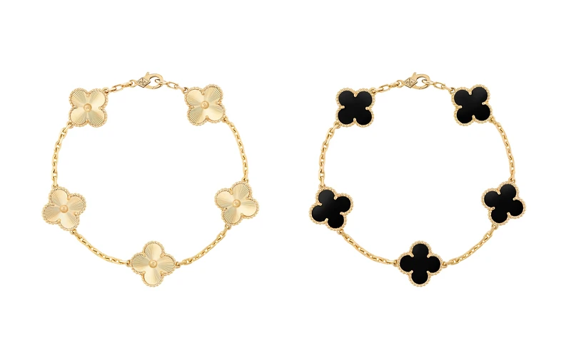 Van Cleef & Arpels Vintage Alhambra璣鏤雕花黃K金手鍊、縞瑪瑙黃K金手鍊 (5枚墜飾)。 Van Cleef & Arpels Vintage Alhambra璣鏤雕花黃K金手鍊、縞瑪瑙黃K金手鍊 (5枚墜飾)。