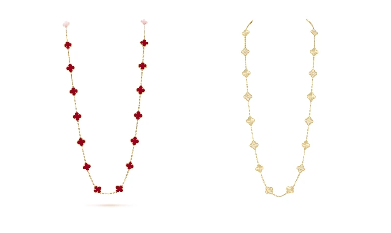 Van Cleef & Arpels Vintage Alhambra紅玉髓黃K金長項鍊(20枚墜飾)、黃K金長項鍊(20枚幸運四葉圖騰)。 Van Cleef & Arpels Vintage Alhambra紅玉髓黃K金長項鍊(20枚墜飾)、黃K金長項鍊(20枚幸運四葉圖騰)。