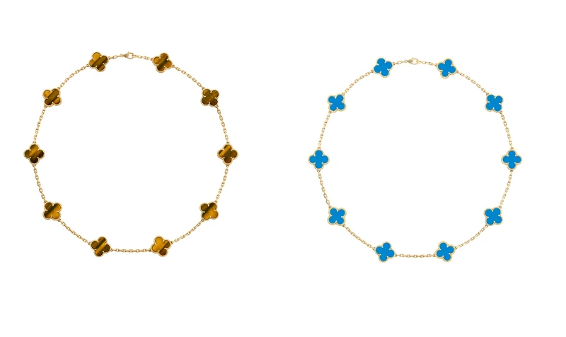 Van Cleef & Arpels Vintage Alhambra虎眼石黃K金項鍊、藍瑪瑙項鍊(10枚墜飾)。 Van Cleef & Arpels Vintage Alhambra虎眼石黃K金項鍊、藍瑪瑙項鍊(10枚墜飾)。