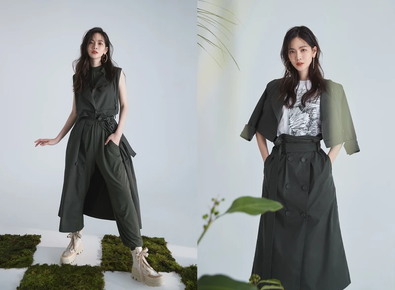 率性瀟灑的軍綠色服裝單品,搭配著可拆解為裙裝、夾克、背心多元穿法的經典5 in 1風衣,完美體現品牌「一衣多穿」的混搭精神。 率性瀟灑的軍綠色服裝單品,搭配著可拆解為裙裝、夾克、背心多元穿法的經典5 in 1風衣,完美體現品牌「一衣多穿」的混搭精神。