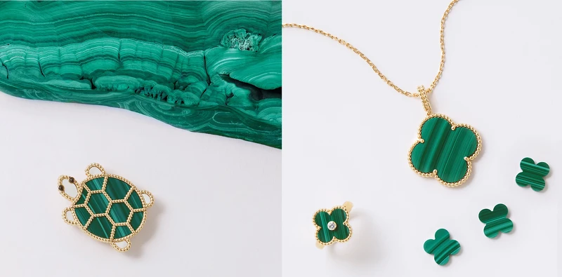 左圖:Lucky Animals系列孔雀石小烏龜胸針,約NT214,000;右圖:Magic Alhambra黃K金孔雀石吊墜,約NT195,000、Vintage Alhambra黃K金孔雀石戒指,約NT113,000。 左圖:Lucky Animals系列孔雀石小烏龜胸針,約NT214,000;右圖:Magic Alhambra黃K金孔雀石吊墜,約NT195,000、Vintage Alhambra黃K金孔雀石戒指,約NT113,000。