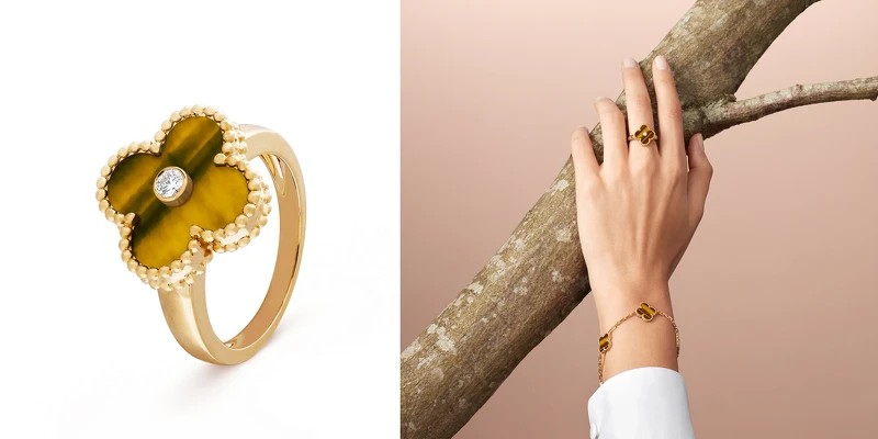 左圖:Van Cleef & Arpels梵克雅寶Vintage Alhambra黃K金虎眼石鑲鑽戒指,約NT109,000;右圖:Vintage Alhambra黃K金虎眼石鑲鑽戒指、Vintage Alhambra系列5枚黃K金虎眼石墜飾手鍊,約NT127,000。 左圖:Van Cleef & Arpels梵克雅寶Vintage Alhambra黃K金虎眼石鑲鑽戒指,約NT109,000;右圖:Vintage Alhambra黃K金虎眼石鑲鑽戒指、Vintage Alhambra系列5枚黃K金虎眼石墜飾手鍊,約NT127,000。