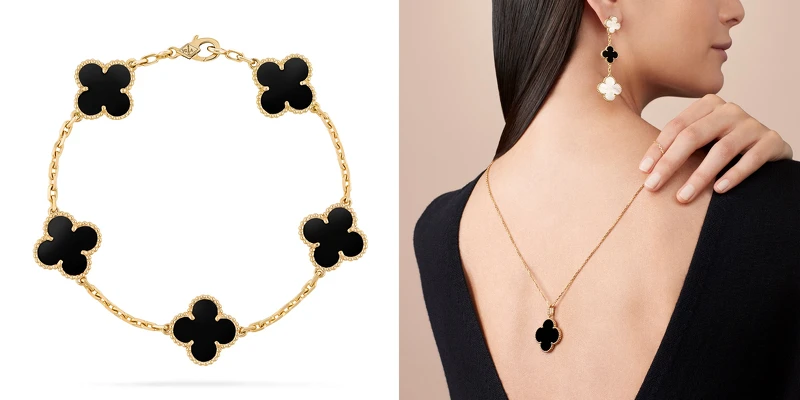 左圖:Vintage Alhambra 5枚縞瑪瑙墜飾黃K金手鍊,約NT116,000;右圖:Magic Alhambra縞瑪瑙墜飾黃K金長項鍊,約NT168,000、Magic Alhambra縞瑪瑙與珍珠母貝墜飾黃K金耳環,價格店洽。 左圖:Vintage Alhambra 5枚縞瑪瑙墜飾黃K金手鍊,約NT116,000;右圖:Magic Alhambra縞瑪瑙墜飾黃K金長項鍊,約NT168,000、Magic Alhambra縞瑪瑙與珍珠母貝墜飾黃K金耳環,價格店洽。