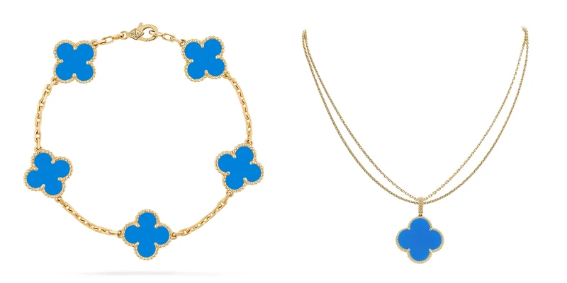 左圖:Van Cleef & Arpels梵克雅寶Vintage Alhambra 5枚藍瑪瑙墜飾黃K金手鍊,約NT131,000;右圖:Magic Alhambra藍瑪瑙墜飾黄K金長項鍊,約NT192,000。 左圖:Van Cleef & Arpels梵克雅寶Vintage Alhambra 5枚藍瑪瑙墜飾黃K金手鍊,約NT131,000;右圖:Magic Alhambra藍瑪瑙墜飾黄K金長項鍊,約NT192,000。