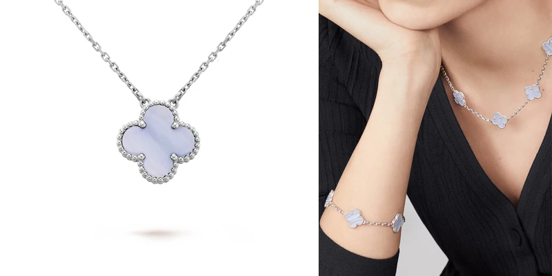 左圖:Vintage Alhambra白K金玉髓吊墜,約NT91,500;右圖:Vintage Alhambra白K金玉髓項鍊,約NT284,000、Vintage Alhambra白K金玉髓手鍊,約NT142,000。 左圖:Vintage Alhambra白K金玉髓吊墜,約NT91,500;右圖:Vintage Alhambra白K金玉髓項鍊,約NT284,000、Vintage Alhambra白K金玉髓手鍊,約NT142,000。