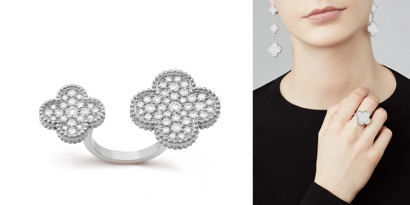 左圖:Van Cleef & Arpels梵克雅寶Magic Alhambra白K金鑽石指間戒,約NT535,000;右圖: Magic Alhambra系列白K金鑽石戒指,約NT345,000、Magic Alhambra系列白K金鑽石耳環,約NT1,380,000。 左圖:Van Cleef & Arpels梵克雅寶Magic Alhambra白K金鑽石指間戒,約NT535,000;右圖: Magic Alhambra系列白K金鑽石戒指,約NT345,000、Magic Alhambra系列白K金鑽石耳環,約NT1,380,000。