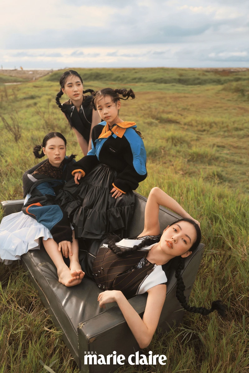 條紋西裝背心、刺繡雪紡紗背心、皮革長褲、科技材質西裝背心、條紋皮革長褲、拼接材質運動外套、黑色皮革荷葉裙、拼接材質運動外套、白色皮革荷葉裙，all by Louis Vuitton。