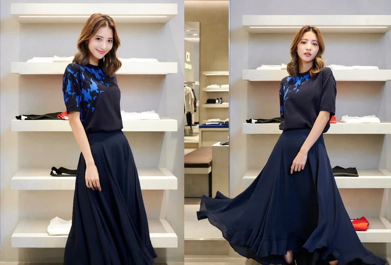 CK CALVIN KLEIN藍黑印花針織上衣,推薦價NT11,490、午夜藍荷葉裙襬中長裙,推薦價NT11,990。 CK CALVIN KLEIN藍黑印花針織上衣,推薦價NT11,490、午夜藍荷葉裙襬中長裙,推薦價NT11,990。