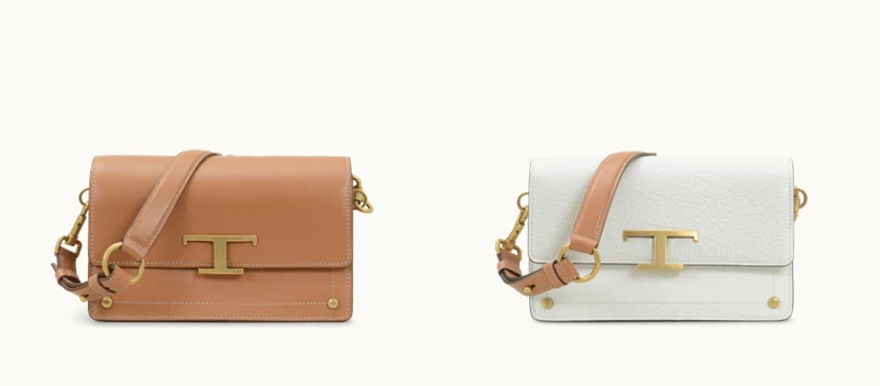 T Timeless系列:淺棕色光滑牛皮斜背包,NT73,600、乳白色壓紋牛皮斜背包,NT73,600。 T Timeless系列:淺棕色光滑牛皮斜背包,NT73,600、乳白色壓紋牛皮斜背包,NT73,600。