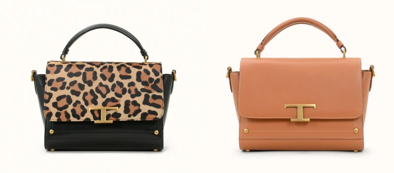 T Timeless系列:豹紋拼接手提包,NT112,100、淺棕色光滑牛皮手提包,NT78,300。 T Timeless系列:豹紋拼接手提包,NT112,100、淺棕色光滑牛皮手提包,NT78,300。