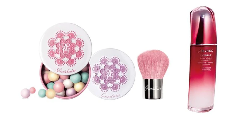 左：GUERLAIN幻彩流星蜜粉球迷你隨身組，推薦價NT2,180(限量30組) 右：SHISEIDO國際櫃 紅妍肌活露(120ml)價值NT8,600 推薦價NT5,400