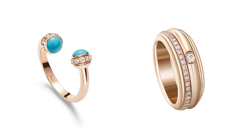 PIAGET Possession系列:18K玫瑰金綠松石鑽石戒指、18K玫瑰金鑽石戒指。 PIAGET Possession系列:18K玫瑰金綠松石鑽石戒指、18K玫瑰金鑽石戒指。