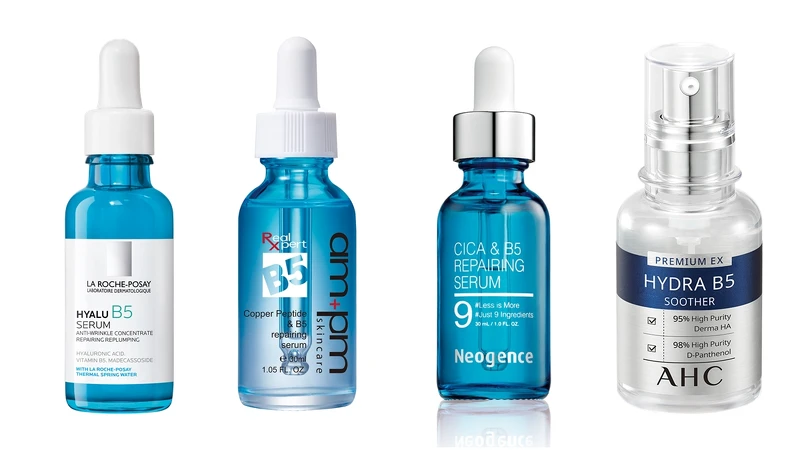 由左至右產品：理膚寶水B5彈潤修復精華，NT1,580。ampm 藍銅B5修護精華，NT799。Neogence霓淨思積雪草B5修護純粹精華，NT1,200。AHC瞬效保濕B5微導玻尿酸精華，NT1,000。