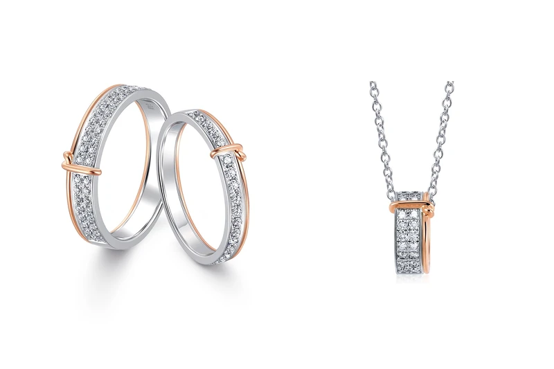 圖左:PROMESSA 「同心結」18K白金玫瑰金雙色鑽石對戒,圖右:PROMESSA「同心結」 18K白金玫瑰金雙色鑽石項鍊 圖左:PROMESSA 「同心結」18K白金玫瑰金雙色鑽石對戒,圖右:PROMESSA「同心結」 18K白金玫瑰金雙色鑽石項鍊