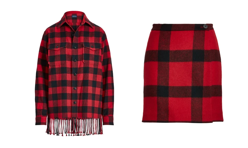 Polo Ralph Lauren格紋絨質襯衫NT13,380、Polo Ralph Lauren 格紋羊毛短裙NT12,380