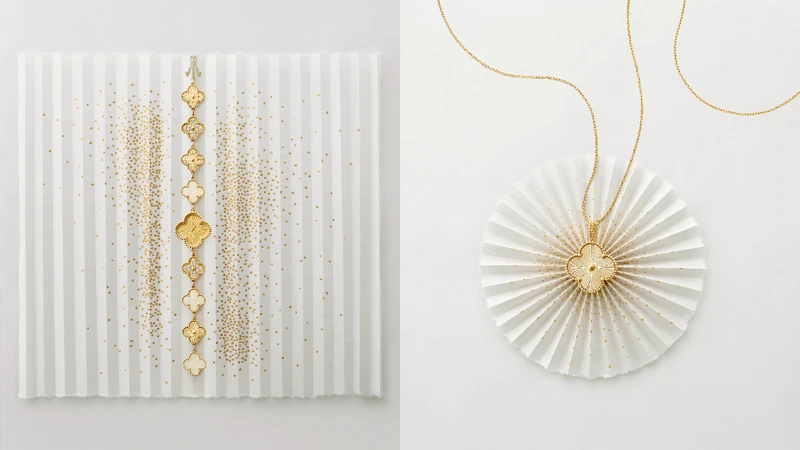 Sweet Alhambra腕錶,璣鏤雕花黃K金、金色珍珠母貝、鑽石,建議售價約新台幣$670,000元;Magic Alhambra長項鍊,1枚四葉幸運圖騰,璣鏤雕花黃K金,建議售價約新台幣$225,000元。 Sweet Alhambra腕錶,璣鏤雕花黃K金、金色珍珠母貝、鑽石,建議售價約新台幣$670,000元;Magic Alhambra長項鍊,1枚四葉幸運圖騰,璣鏤雕花黃K金,建議售價約新台幣$225,000元。