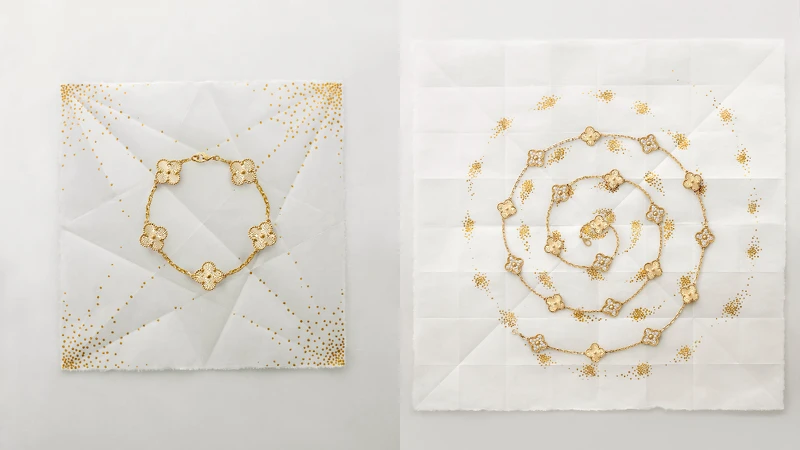 Vintage Alhambra手鍊,5枚四葉幸運圖騰,璣鏤雕花黃K金,建議售價約新台幣$155,000元;Vintage Alhambra長項鍊,20枚四葉幸運圖騰,璣鏤雕花黃K金、鑽石,建議售價約新台幣$1,850,000元。 Vintage Alhambra手鍊,5枚四葉幸運圖騰,璣鏤雕花黃K金,建議售價約新台幣$155,000元;Vintage Alhambra長項鍊,20枚四葉幸運圖騰,璣鏤雕花黃K金、鑽石,建議售價約新台幣$1,850,000元。