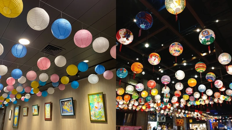 誠品站前店「馬卡龍燈籠隧道」；誠品台南小西門期間限定店「手繪燈籠海」
