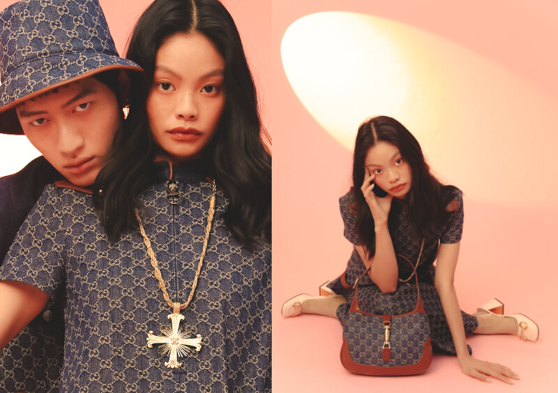 雙G 圖騰帆布漁夫帽、雙G 圖騰鐵灰藍環保水洗丹寧上衣、十字形古典裝飾項鍊、雙G 圖騰鐵灰藍環保水洗丹寧喇叭褲、Jackie 1961深藍手提包、Horsebit中低跟繫帶涼鞋、米白棉長襪。 雙G 圖騰帆布漁夫帽、雙G 圖騰鐵灰藍環保水洗丹寧上衣、十字形古典裝飾項鍊、雙G 圖騰鐵灰藍環保水洗丹寧喇叭褲、Jackie 1961深藍手提包、Horsebit中低跟繫帶涼鞋、米白棉長襪。