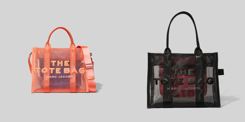 Marc Jacobs透視網狀托特包(珊瑚橘／黑)，售價NT$ 12,900（小）／NT$ 13,900（大）