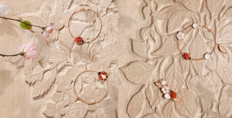 Lucky Spring手鍊,合翅瓢蟲(玫瑰金、紅玉髓、縞瑪瑙) ,建議售價約78,000元、Lucky Spring手鍊,展翅瓢蟲(玫瑰金、紅玉髓、縞瑪瑙) ,建議售價約85,500元、Lucky Spring手鍊,5枚圖騰(玫瑰金、白色珍珠母貝、紅玉髓、縞瑪瑙) ,建議售價約148,000元、Lucky Spring胸針(玫瑰金、白色珍珠母貝、紅玉髓、縞瑪瑙) ,建議售價約213,000元 Lucky Spring手鍊,合翅瓢蟲(玫瑰金、紅玉髓、縞瑪瑙) ,建議售價約78,000元、Lucky Spring手鍊,展翅瓢蟲(玫瑰金、紅玉髓、縞瑪瑙) ,建議售價約85,500元、Lucky Spring手鍊,5枚圖騰(玫瑰金、白色珍珠母貝、紅玉髓、縞瑪瑙) ,建議售價約148,000元、Lucky Spring胸針(玫瑰金、白色珍珠母貝、紅玉髓、縞瑪瑙) ,建議售價約213,000元