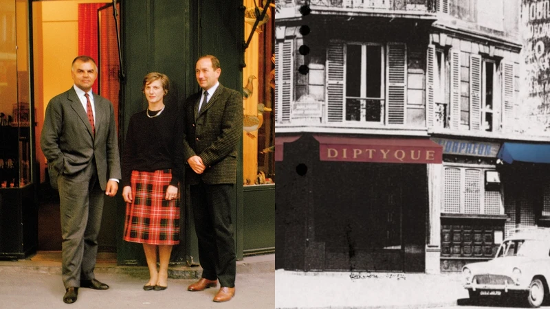 (左)diptyque三位創辦人站於diptyque巴黎總店前、(右) 以前diptyque旁邊的店面就是Orphéon。 (左)diptyque三位創辦人站於diptyque巴黎總店前、(右) 以前diptyque旁邊的店面就是Orphéon。
