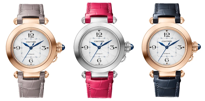 Pasha de cartier腕錶35毫米，18K玫瑰金/精鋼/黃K金，鱷魚皮錶帶，錶冠鑲嵌一顆凸圓形藍色合成尖晶石均配置「QuickSwitch」互換式系統。