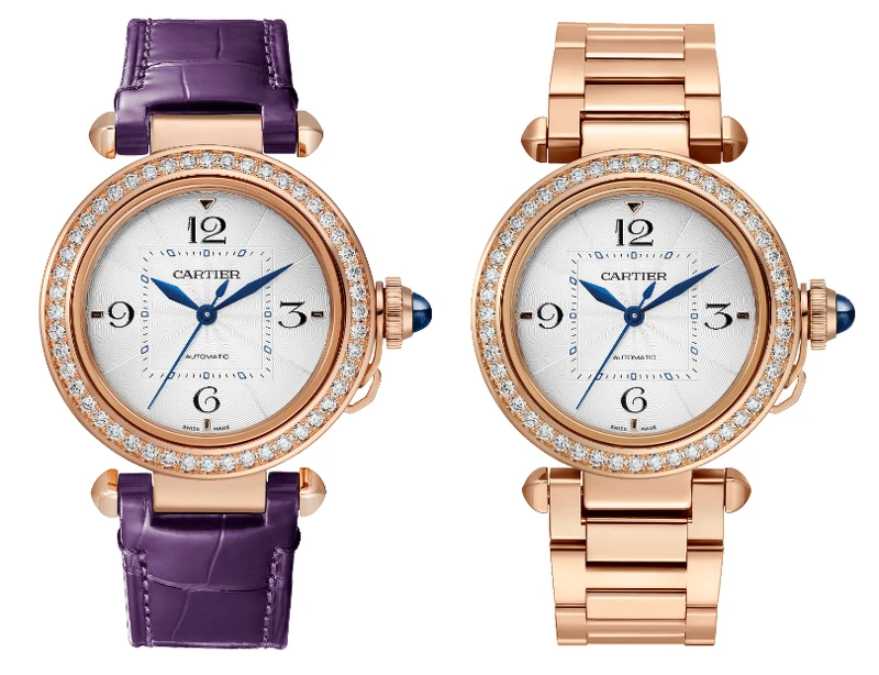 Pasha de cartier腕錶35毫米，18K玫瑰金，鱷魚皮錶帶；Pasha de cartier腕錶35毫米，18K玫瑰金，8K玫瑰金錶鍊SmartLink可調校式系統；錶冠鑲嵌一顆凸圓形藍寶石，錶圈鑲嵌48顆圓形明亮式切割鑽石，均配置「QuickSwitch」互換式系統。
