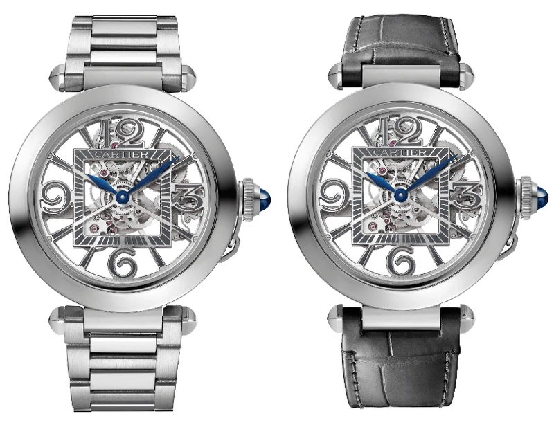  PASHA DE CARTIER腕錶41毫米，厚度：10.45毫米/精鋼/錶冠鑲嵌凸圓形藍寶石/灰色鱷魚皮錶帶和精鋼錶鍊。