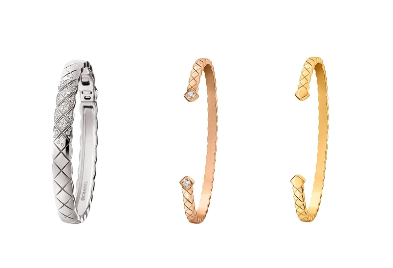 CHANEL COCO CRUSH高級珠寶系列手環：18K白金鑲鑽款、18K BEIGE米色金鑲鑽款、18K 黃金。