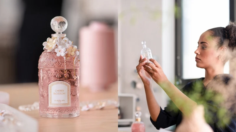 GUERLAIN嬌蘭花見春櫻淡香水縷金華冠蜂印瓶情境圖。 GUERLAIN嬌蘭花見春櫻淡香水縷金華冠蜂印瓶情境圖。